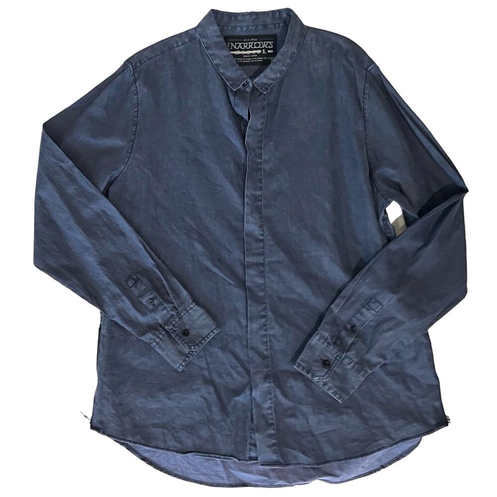 The Narrows Men’s Linen Shirt Dark Blue Button Front Side Zippers Sz XL